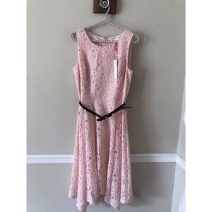 NWT Elle Womens Size M Peach Floral Fit Flare Dress Sleeveless Black Belt